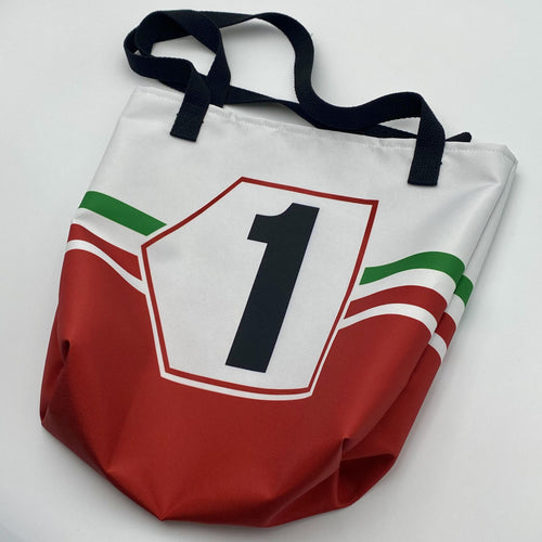 Red and white tote bag with number 1 design and Italian flag stripe on a light gray background
