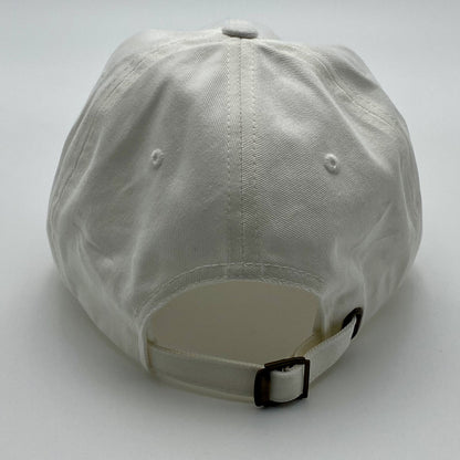 Back view of a white cap with an adjustable strap on a white background