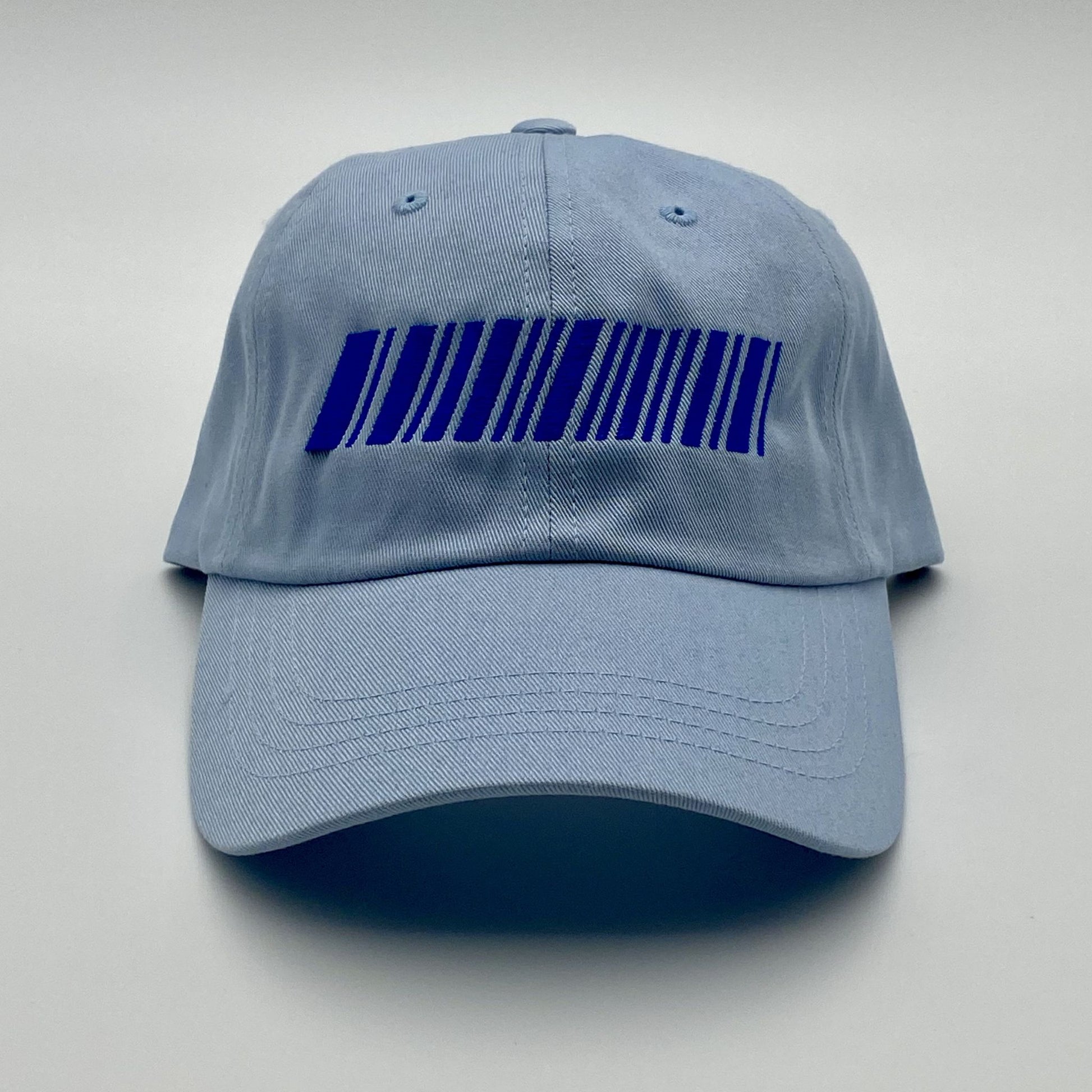 Blue cap with a blue barcode design on a light gray background