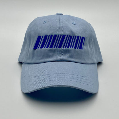 Blue cap with a blue barcode design on a light gray background