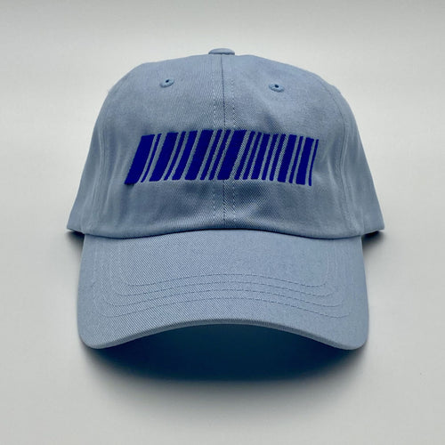 Blue cap with a blue barcode design on a light gray background