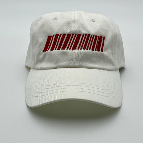 White hat with a red barcode design on a light gray background