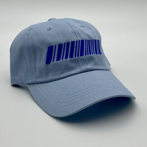 Blue cap with a barcode design on a light gray background