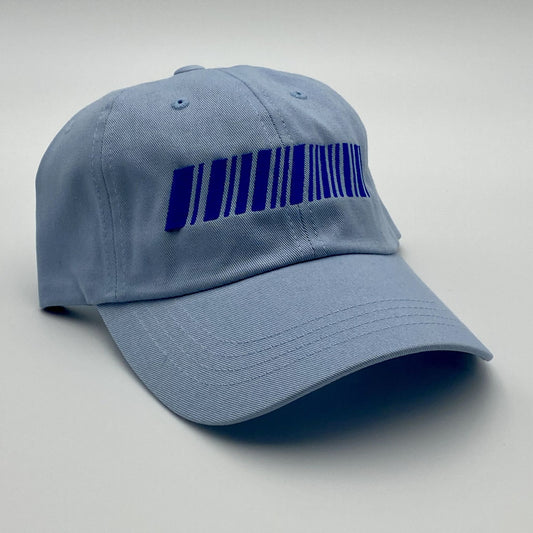 Blue cap with a barcode design on a light gray background