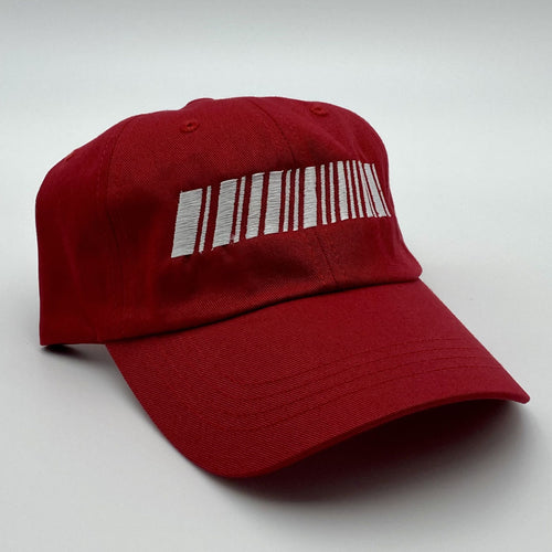 Red cap with a white barcode design on a light gray background