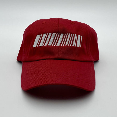 Red hat with a white barcode design on a light gray background