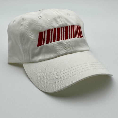White cap with a red barcode design on a light gray background