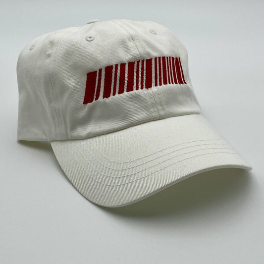 White cap with a red barcode design on a light gray background