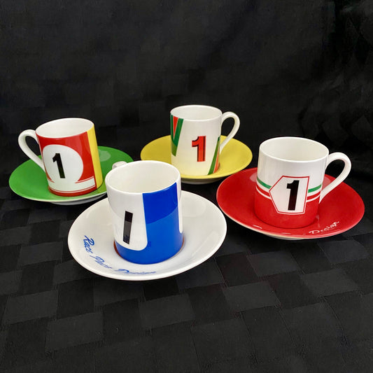 Set of four Italian race car coffee cups and saucers each one has their own unique racing livery and a number '1'