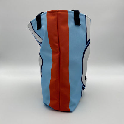 Bag with blue and orange design on a white background