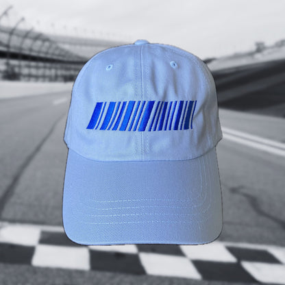 Light blue cap with a blue barcode design on a race track background
