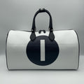 White leather duffle bag with a black circle and white number '1' on a white background