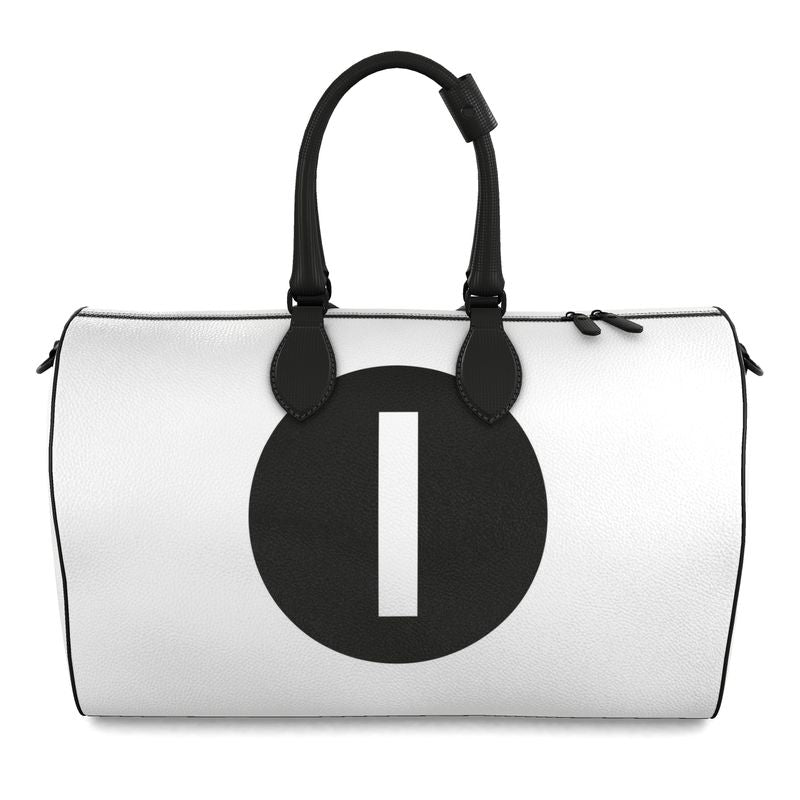 White duffle bag with a black circle and white number '1' on a white background