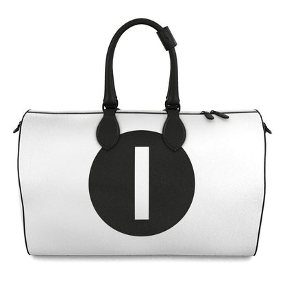 White duffle bag with a black circle and white number '1' on a white background