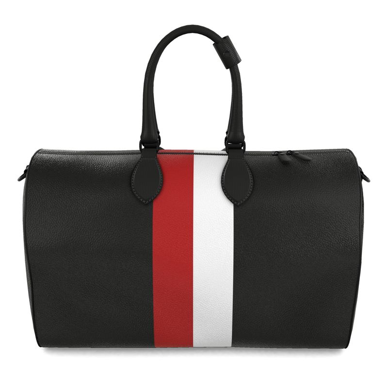 Black duffle bag with red and white stripes on a white background