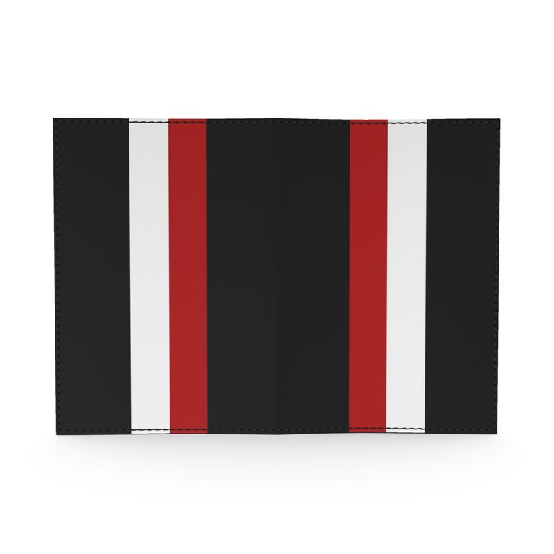Black passport cover with red, and white stripes on a white background