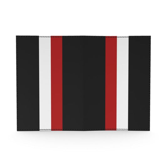 Black passport cover with red, and white stripes on a white background