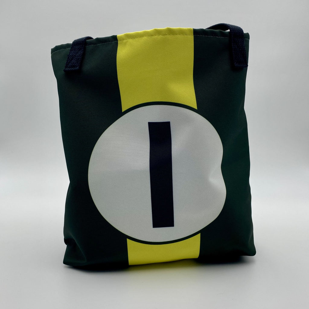 Tote bag with a large number '1' on a plain background