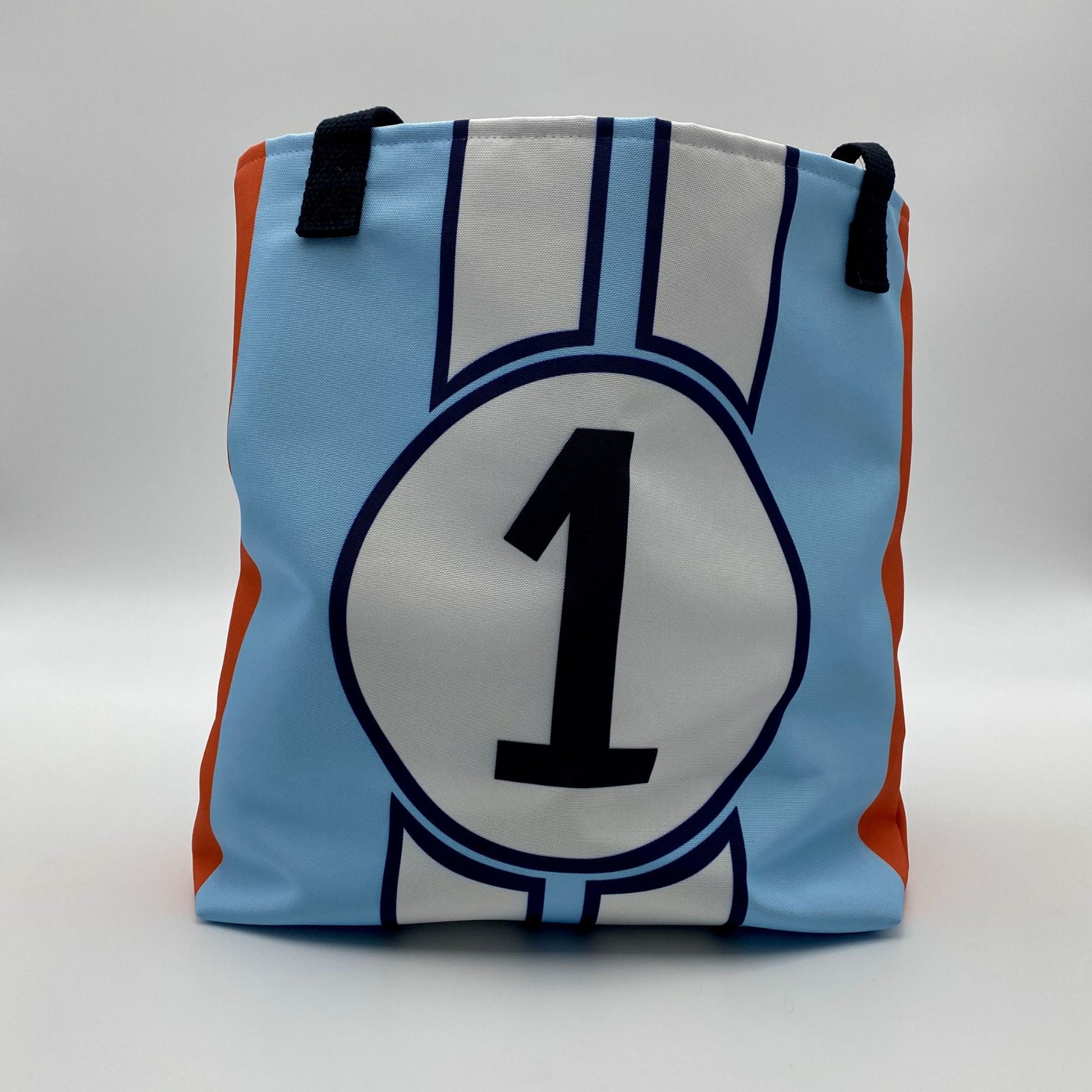 Tote bag with number 1 design on a light gray background