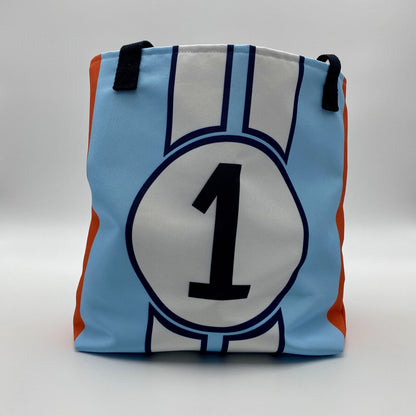 Tote bag with number 1 design on a light gray background