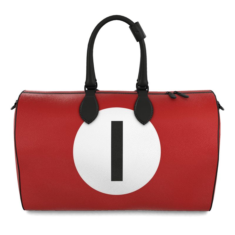 Red duffle bag with a white circle and black number '1' on a white background