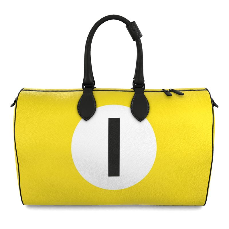 Yellow duffle bag with a white circle and black number '1' on a white background