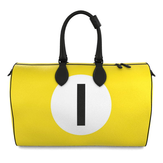 Yellow duffle bag with a white circle and black number '1' on a white background
