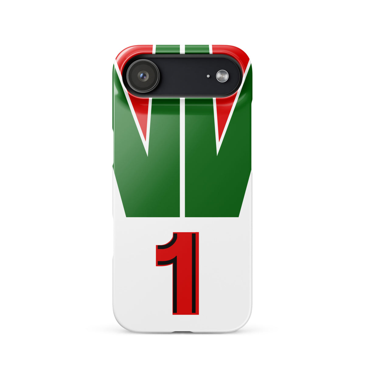 iPhone 17 air case with green, red, and white racing stripes and number "1" on a white background