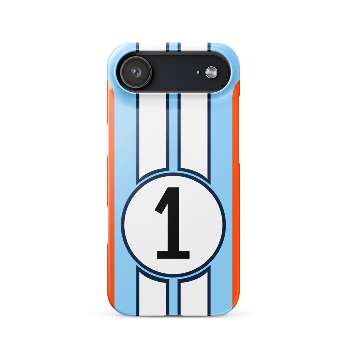 Blue iPhone 17 air case with number 1, racing stripes and orange accents on a white background