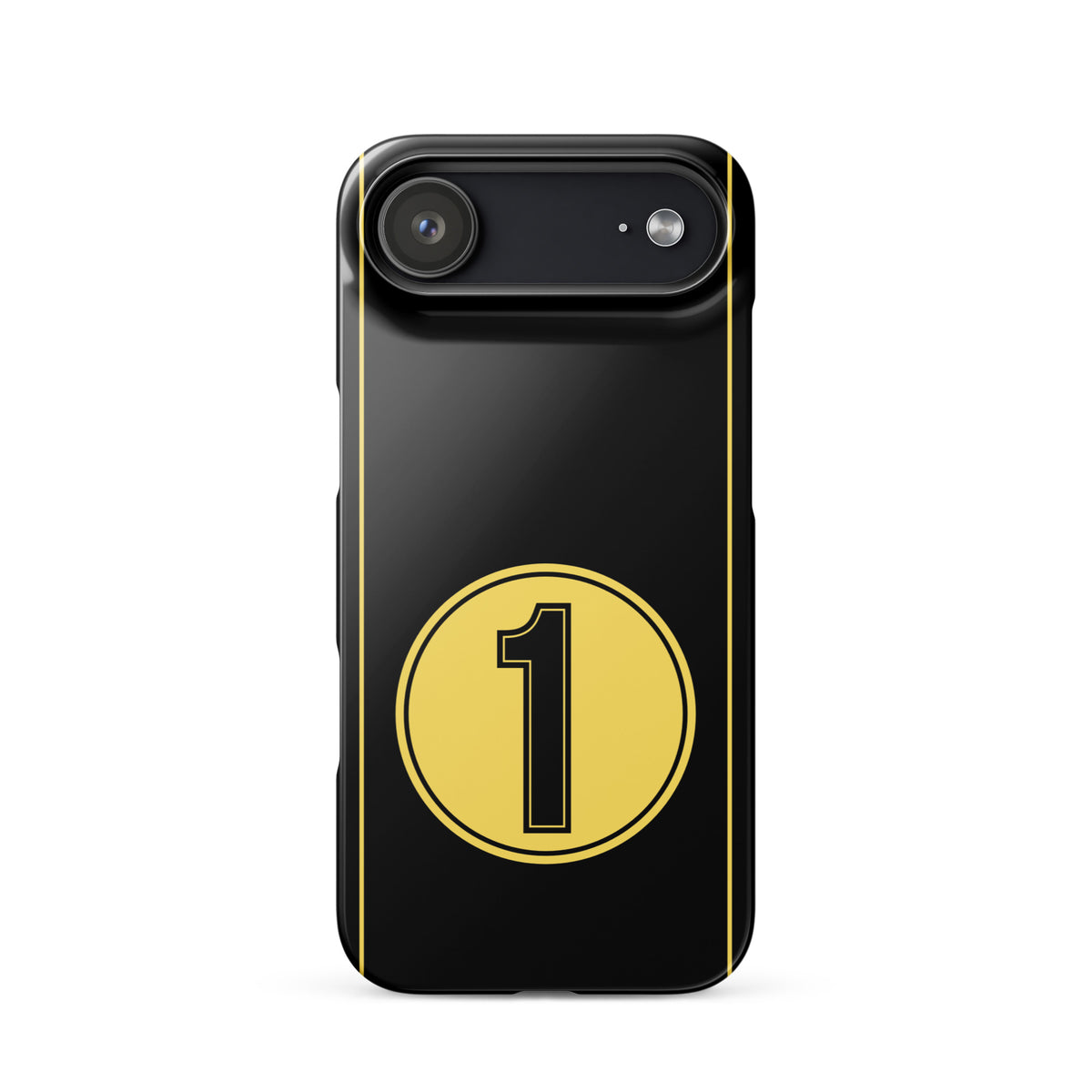 Black iPhone 17 air case with gold stripes and a gold circle with a black number one on a white background