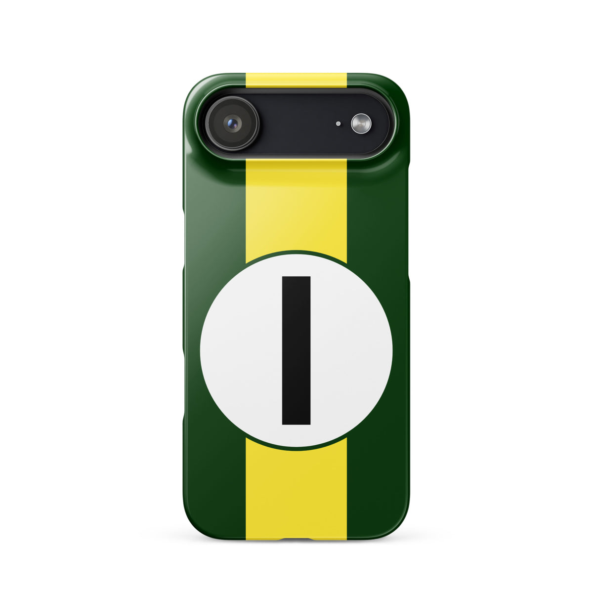 Green iPhone 17 air case with yellow stripe and a white circle with a black number '1' on a white background