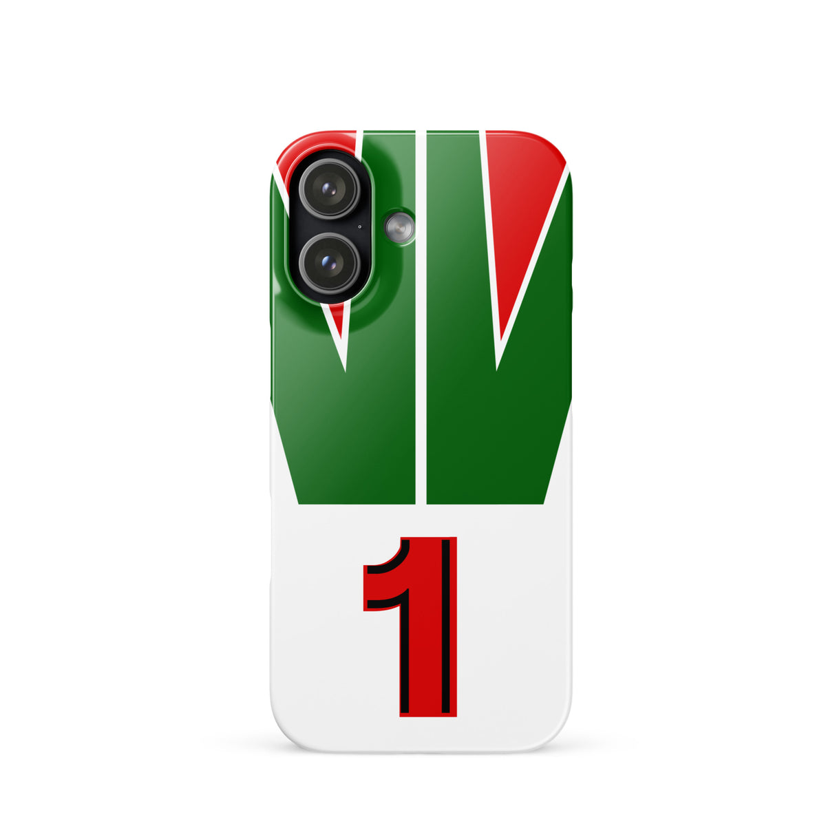 iPhone 17 case with green, red, and white racing stripes and number "1" on a white background