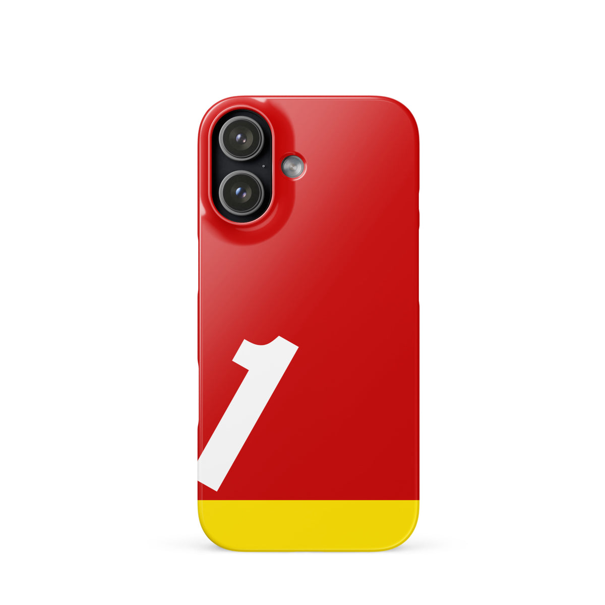 Red iPhone 17 case with a white number '1', and yellow bottom on a white background