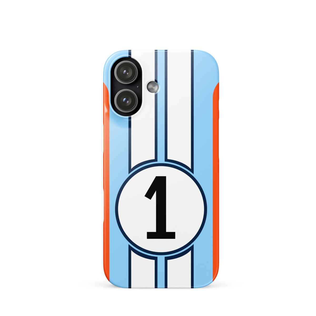 Blue iPhone 17 case with number 1, racing stripes and orange accents on a white background