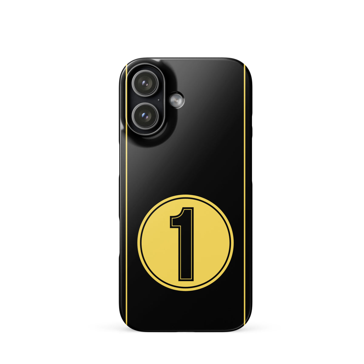 Black iPhone 17 case with gold stripes and a gold circle with a black number one on a white background