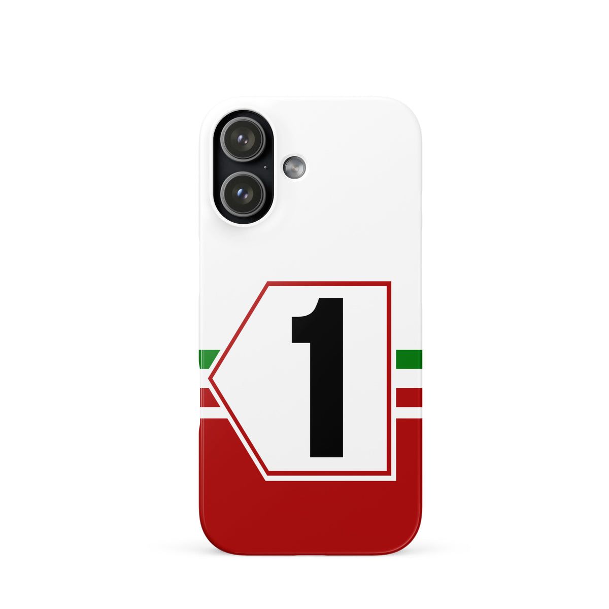 iPhone 17 case with Italian racing livery and number '1' design on a white background