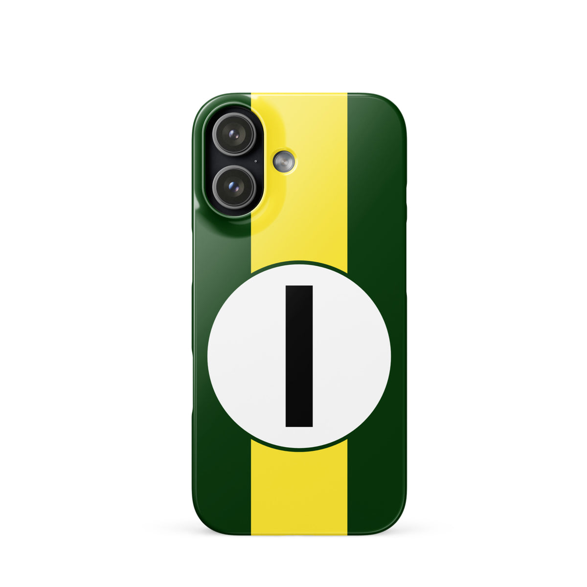 Green iPhone 17 case with yellow stripe and a white circle with a black number '1' on a white background