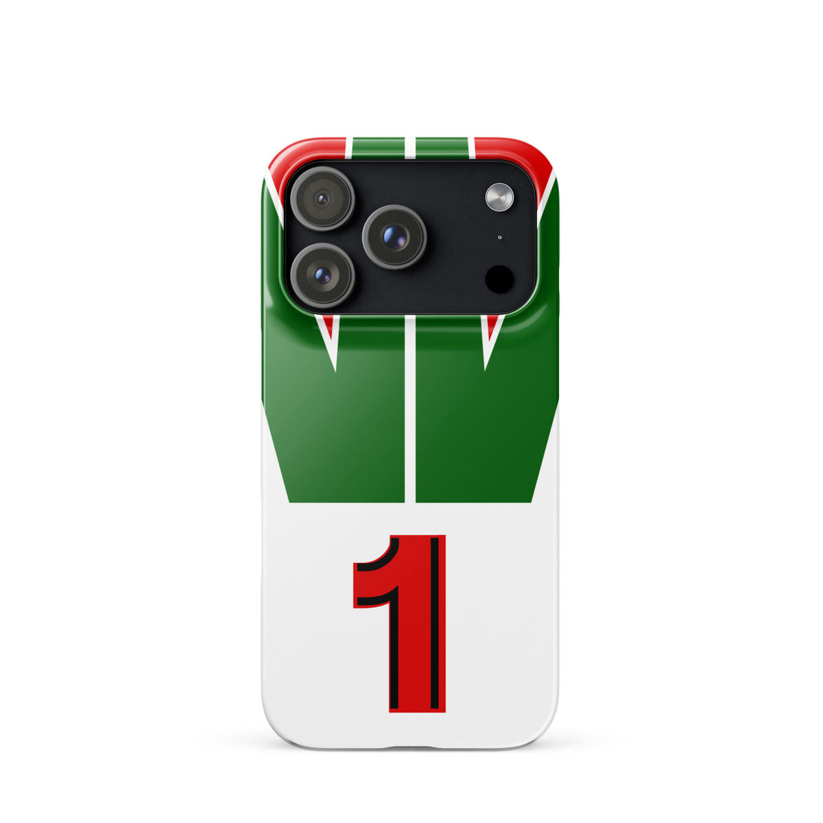 iPhone 17 pro case with green, red, and white racing stripes and number "1" on a white background