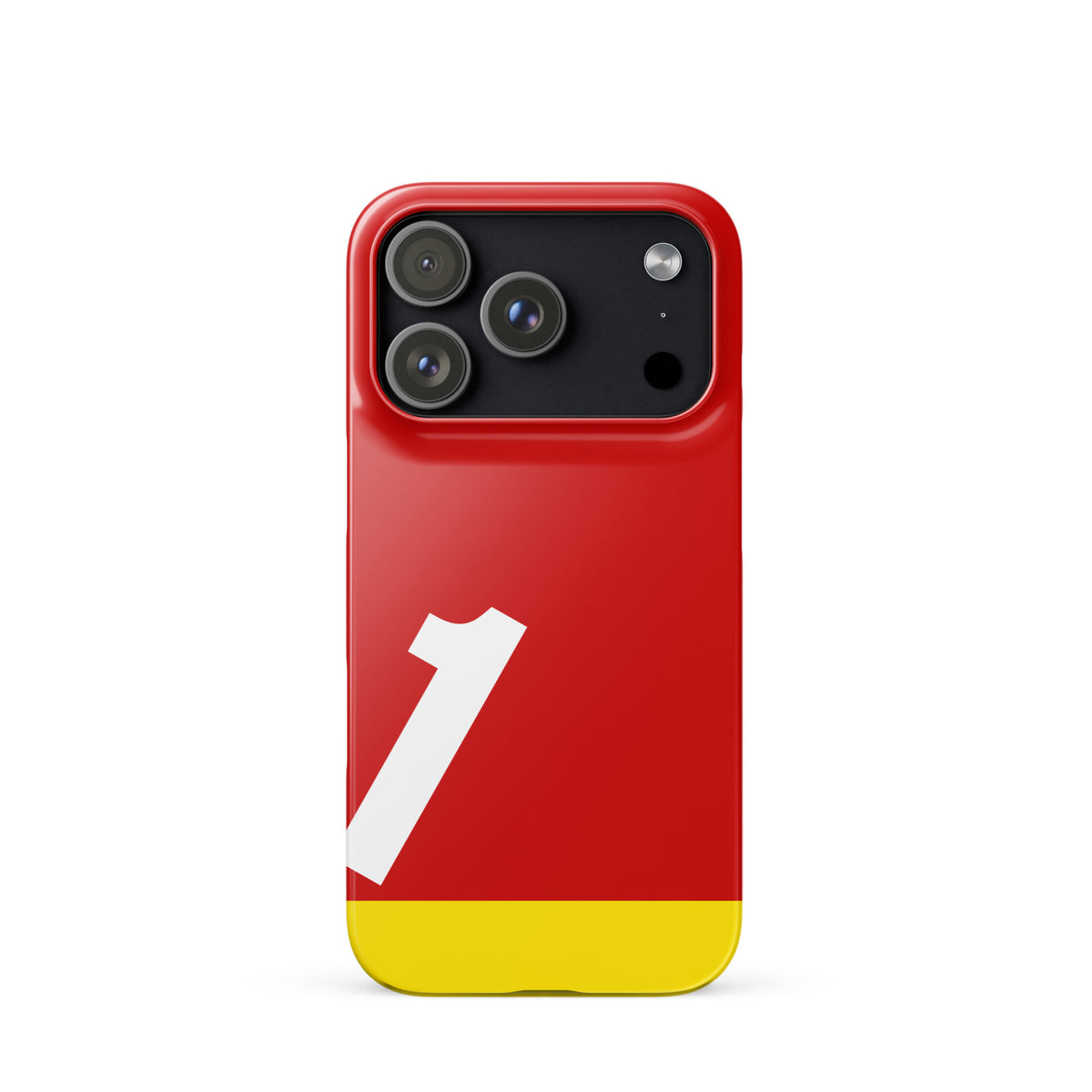 Red iPhone 17 pro case with a white number '1', and yellow bottom on a white background