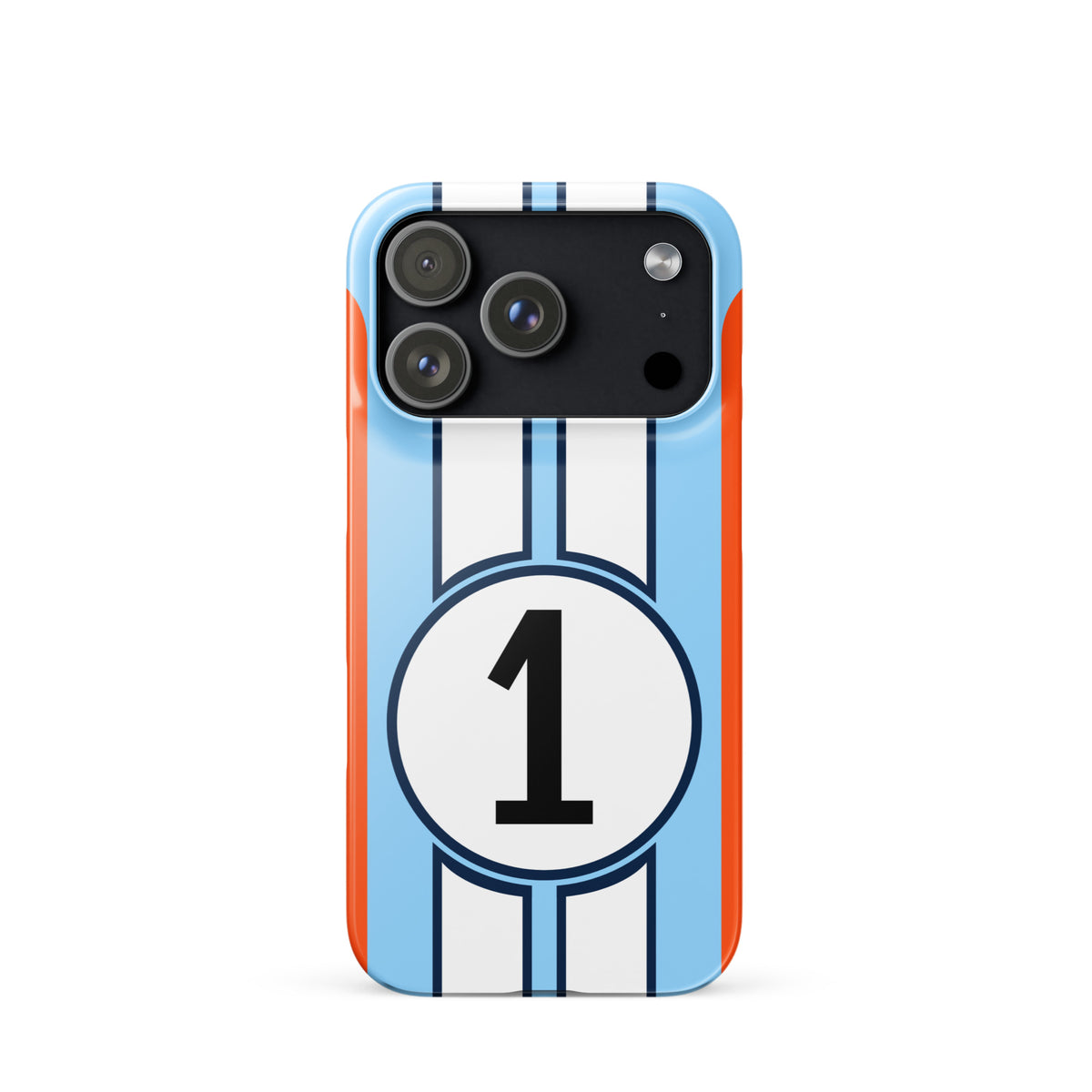 Blue iPhone 17 pro case with number 1, racing stripes and orange accents on a white background