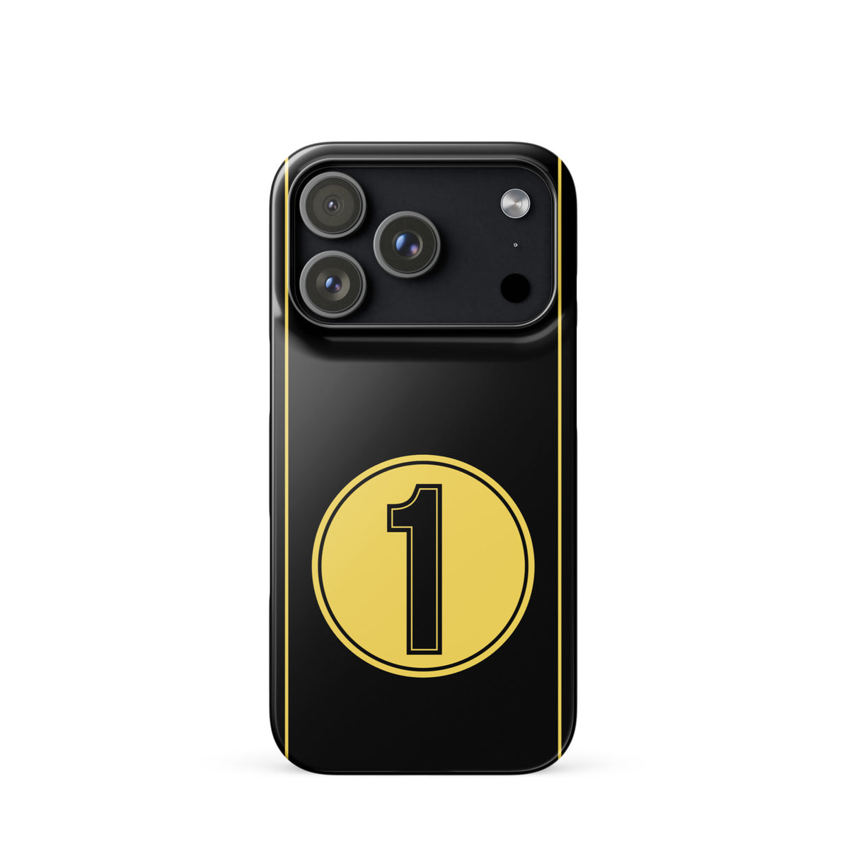Black iPhone 17 pro case with gold stripes and a gold circle with a black number one on a white background