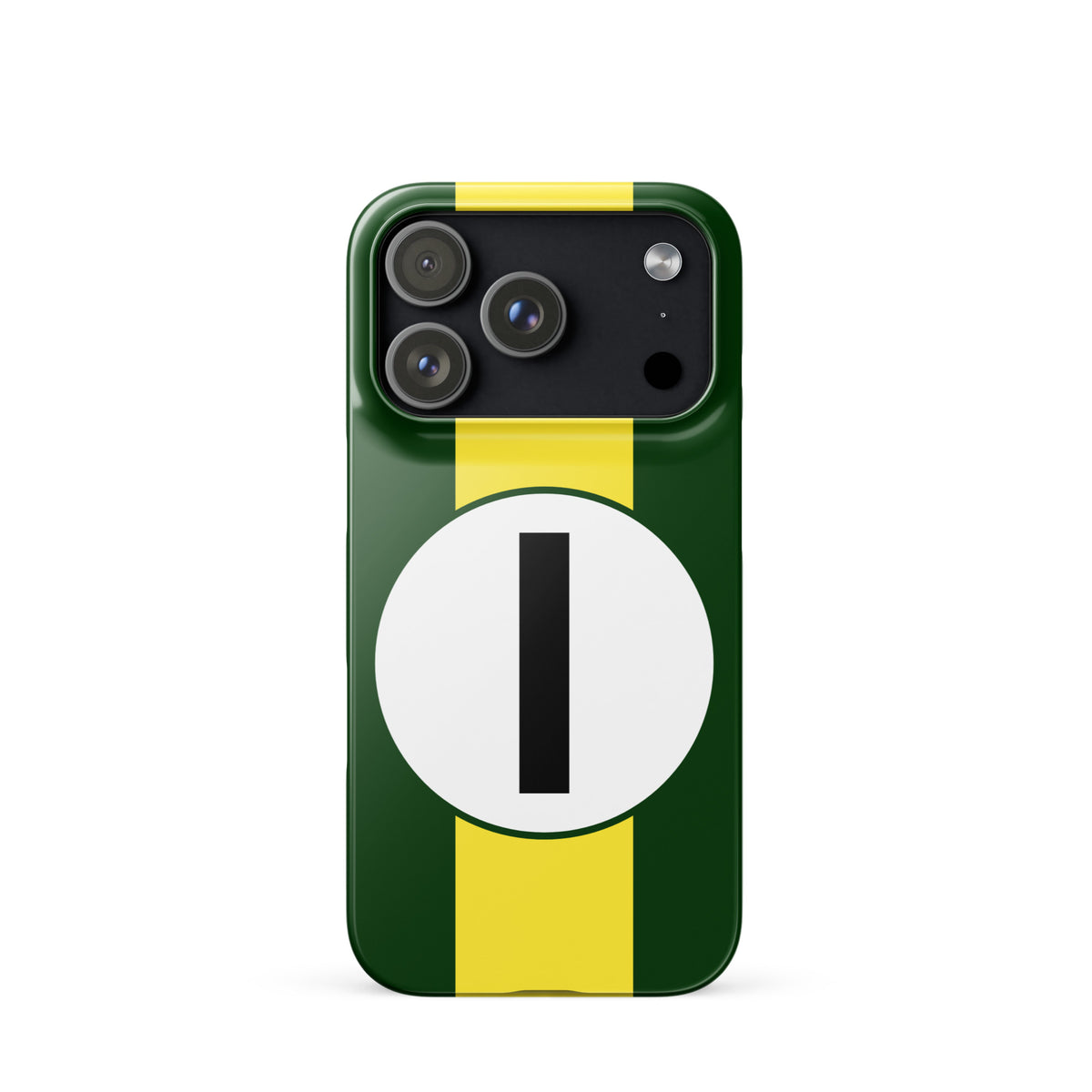 Green iPhone 17 pro case with yellow stripe and a white circle with a black number '1' on a white background