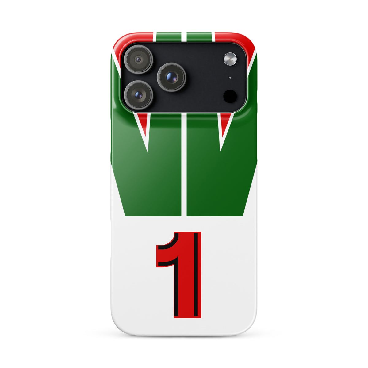 iPhone 17 pro max case with green, red, and white racing stripes and number "1" on a white background