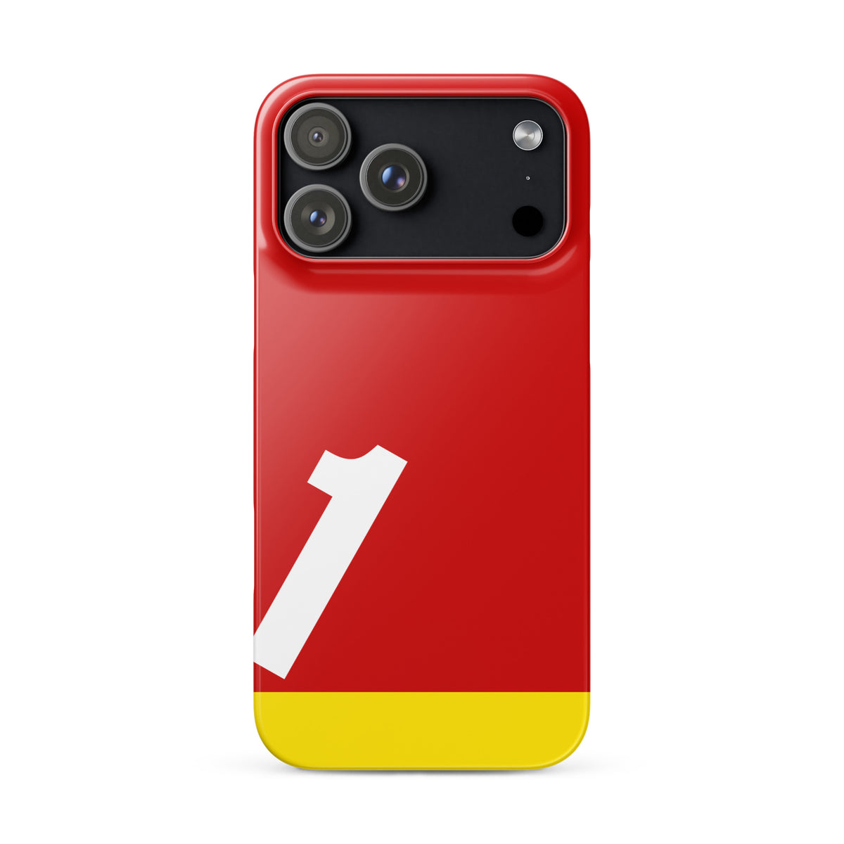 Red iPhone 17 pro max case with a white number '1', and yellow bottom on a white background