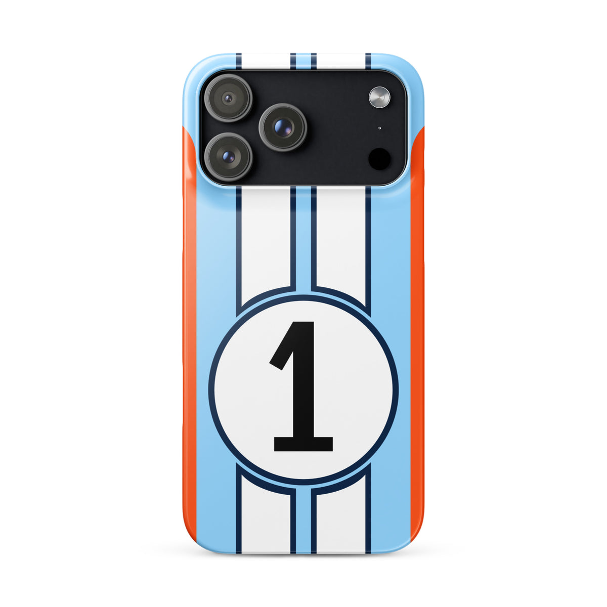 Blue iPhone 17 pro max case with number 1, racing stripes and orange accents on a white background
