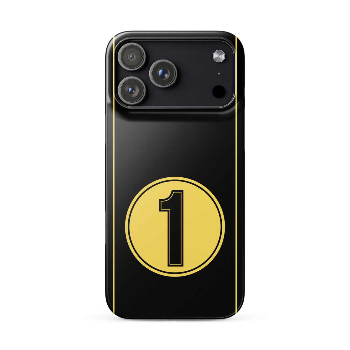 Black iPhone 17 pro max case with gold stripes and a gold circle with a black number one on a white background