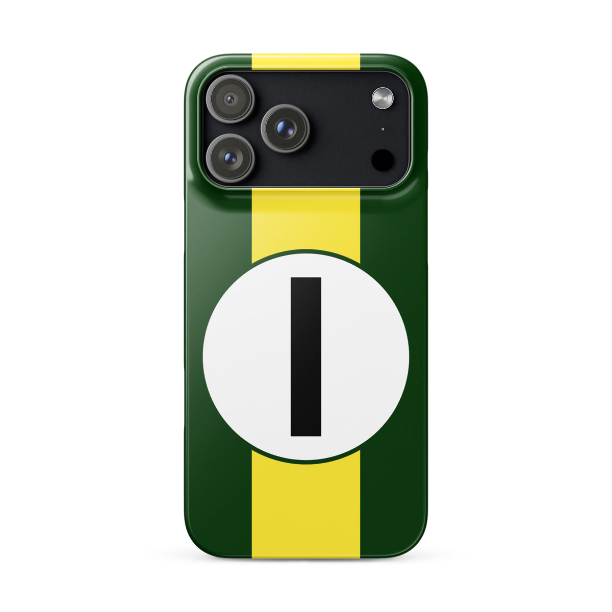 Green iPhone 17 pro max case with yellow stripe and a white circle with a black number '1' on a white background