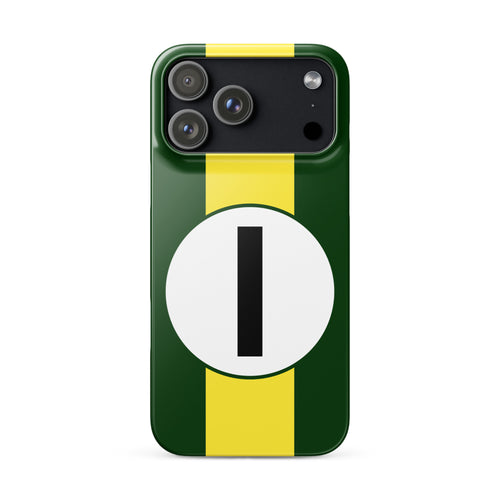 Green iPhone 17 pro max case with yellow stripe and a white circle with a black number '1' on a white background